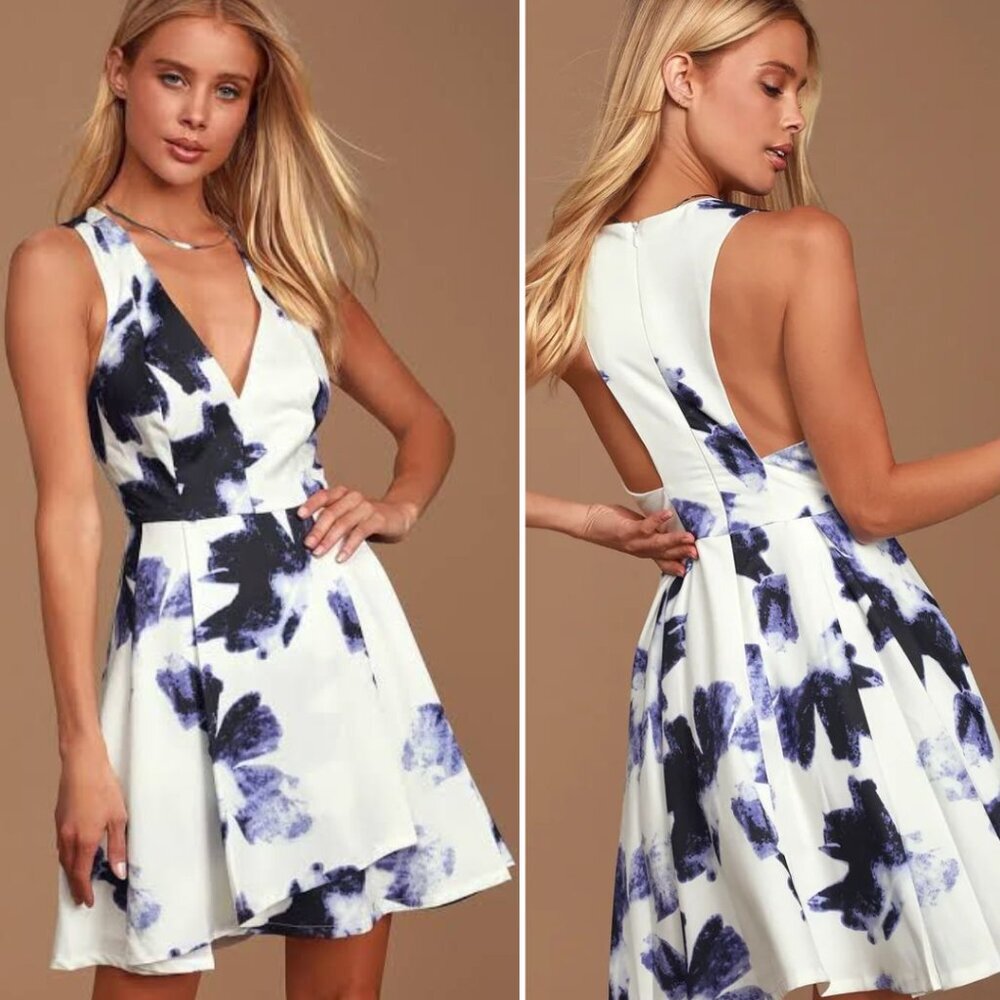 Lulus Skater Mini Dress in Blue and Ivory